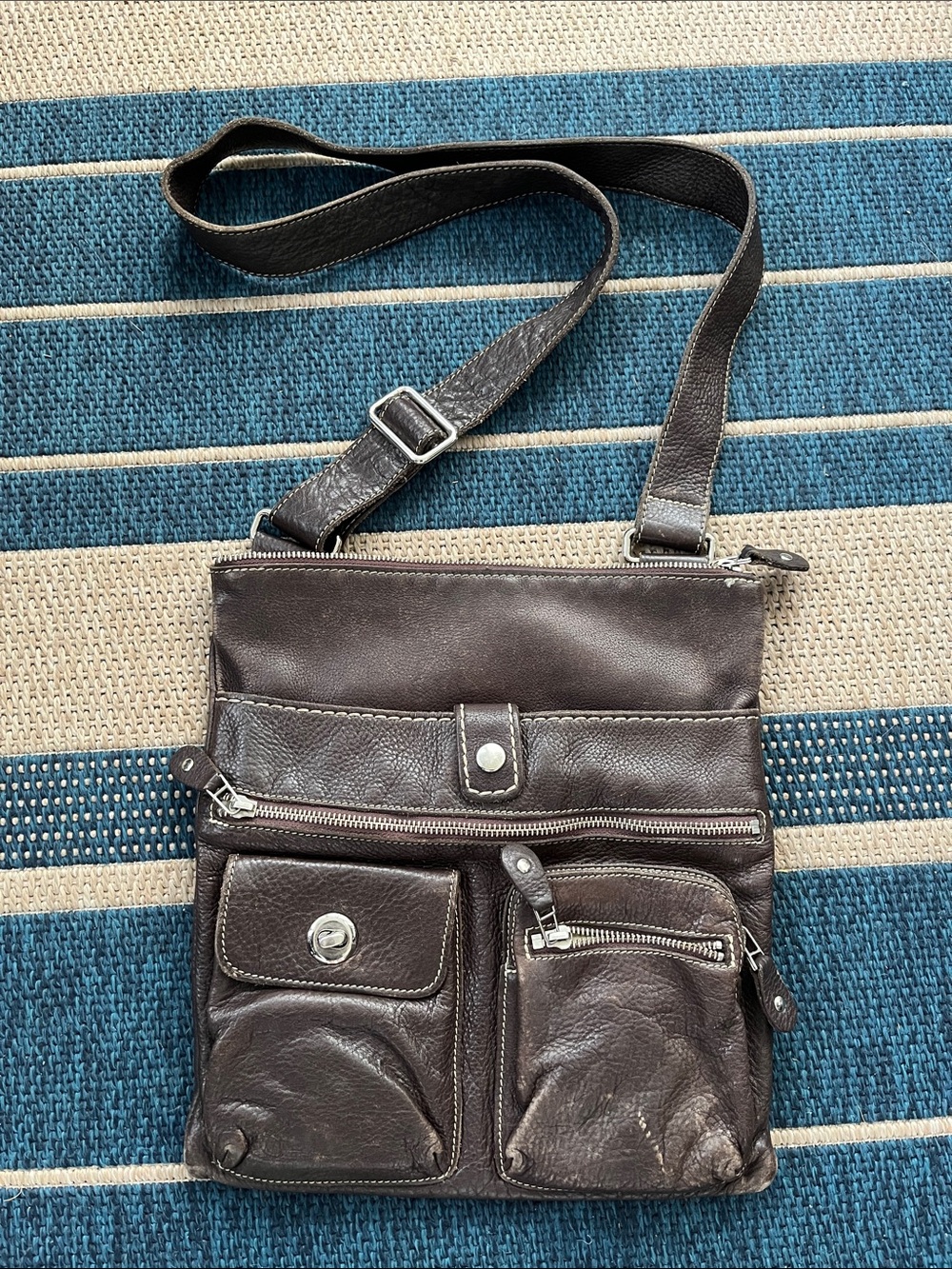 Roots Dark Brown Leather Crossbody Bag with Front Pockets